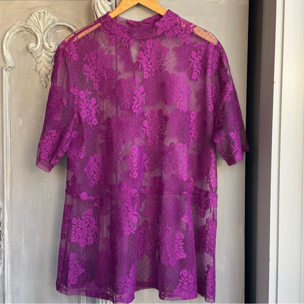 Purple Lace Top Sz 22/24 Romantic Sheer Floral Mock Neck Blouse